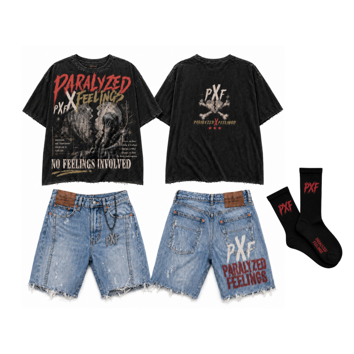 No Feelings Involved Denim Set — Black/Red